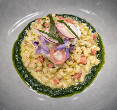 Halibut • Rosina beans • Saucisson vaudois Halibut with Rosina beans and Saucisson vaudois, fine-dining plating