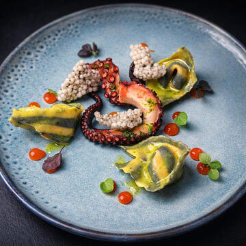 Fine dining plate with octopus and aubergine ravioli, plated with sauce and garnishes.